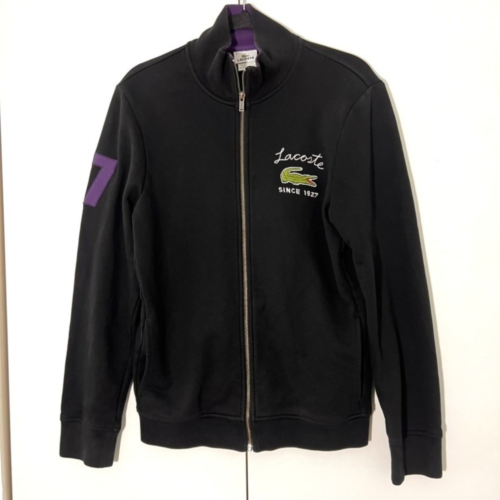 Vintage 90s Lacoste Track Jacket Men 3 Black Embroidered Full Zip Streetwear